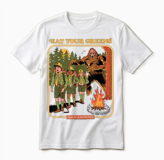 Eat Your Greens Bigfoot Sasquatch Retro Funny Adult Humor Unisex T-Shirt in White