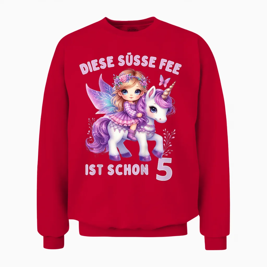 Geburtstag 5 Jahre Mädchen, Fee, Einhorn, 5. Geburtstag Feen Unisex Sweatshirt in Red
