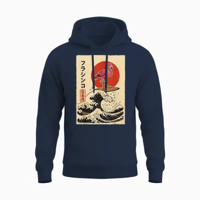 Flamant Rose Surf Vague Japonaise Unisex Hoodie - Navy