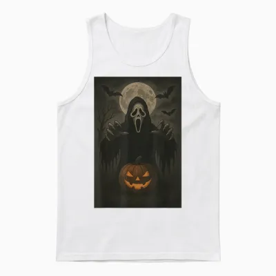 Scary Face Ghost Mask Pumpkin Moon Spooky Halloween Horror Unisex Tank Top - White