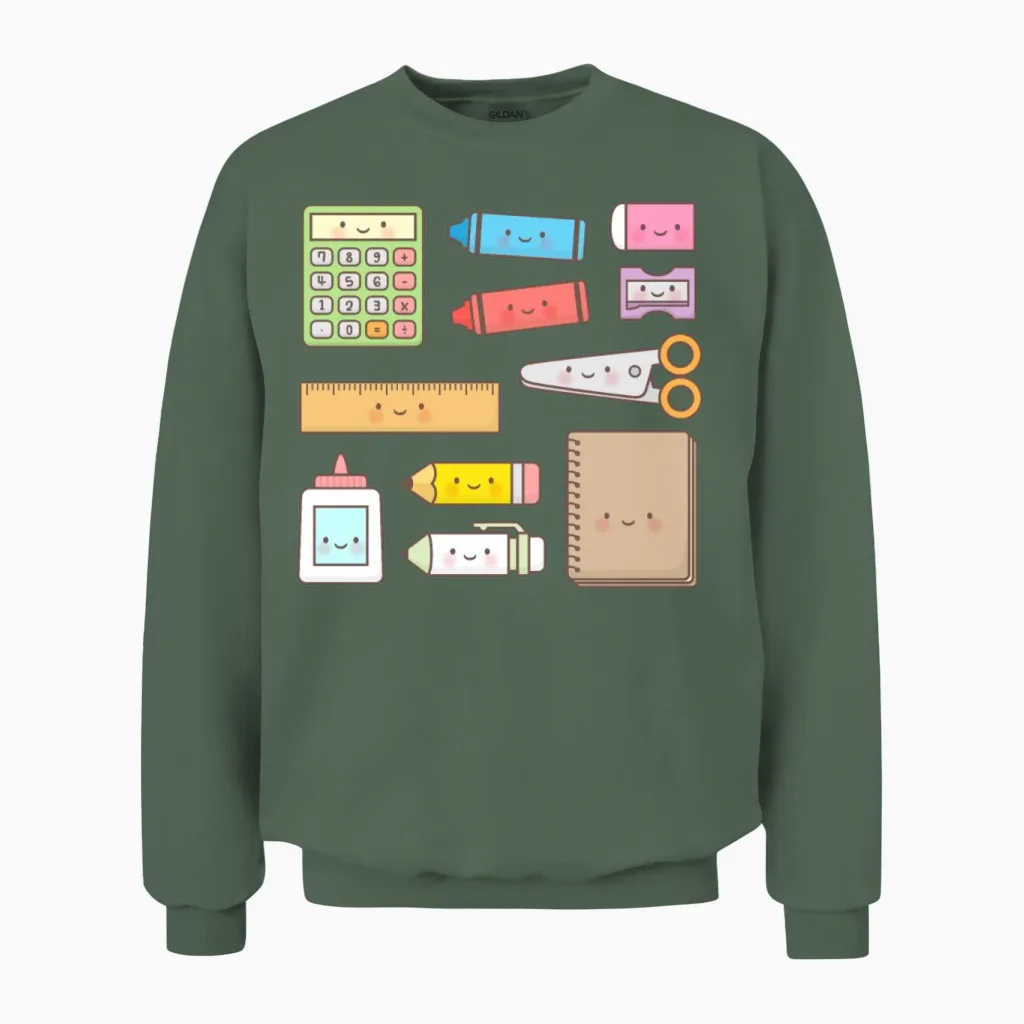 Kawaii School Supplies Unisex Sweatshirt in Military Green