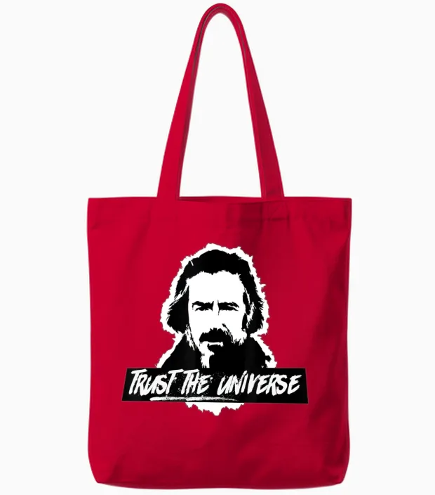 Alan Watts Trust the Universe T Tote Bags in Red