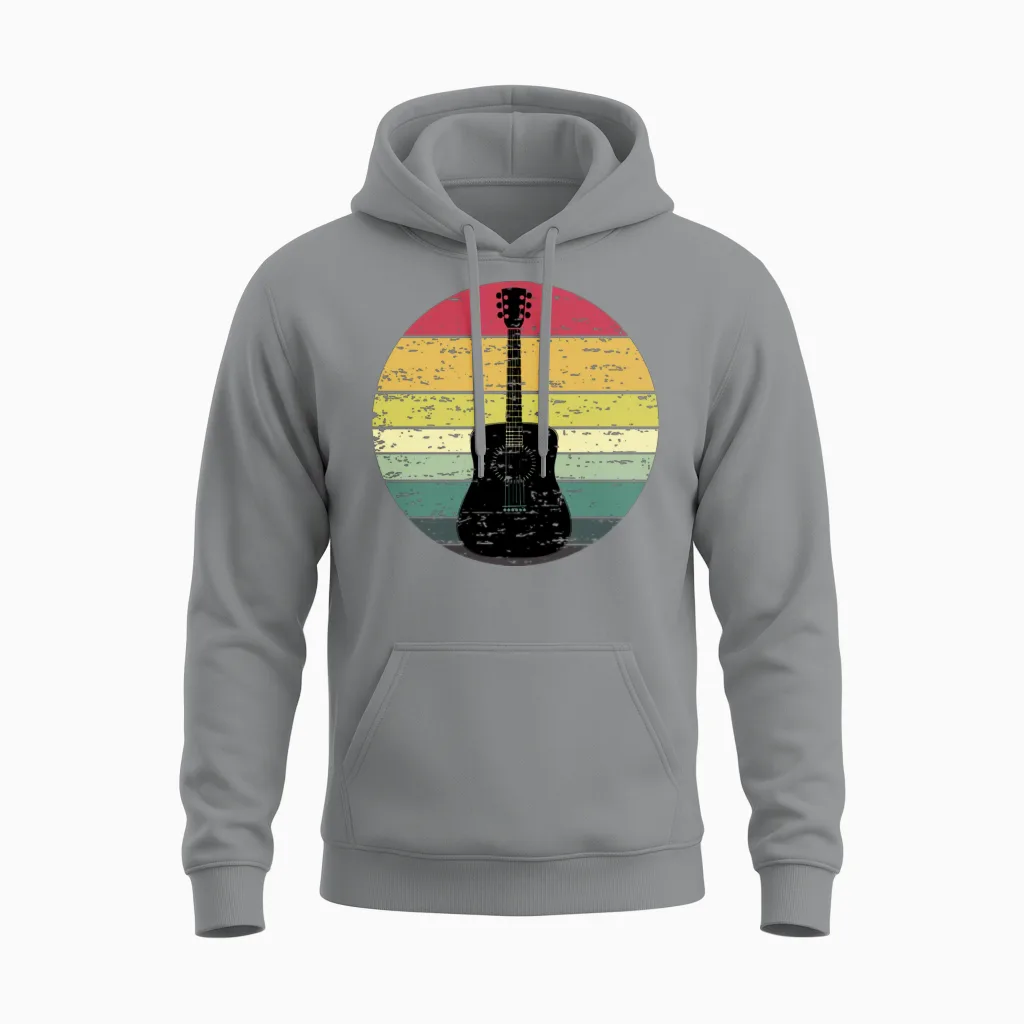 Retro Sunset Guitar Distressed Retro Rainbow Unisex Hoodie in Sport Grey