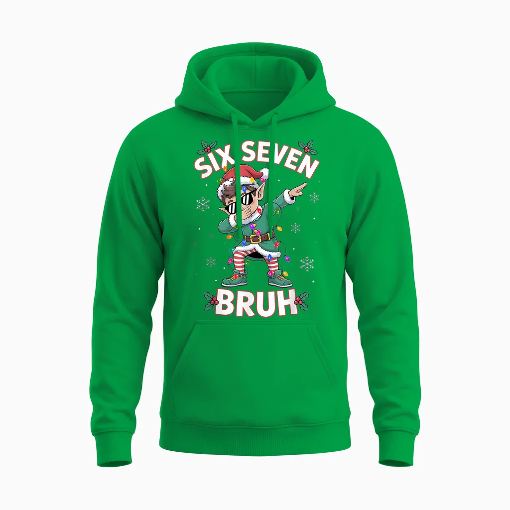 Dabbing Elf Six Seven Bruh Christmas 67 Meme Xmas Boys Unisex Hoodie in Irish Green