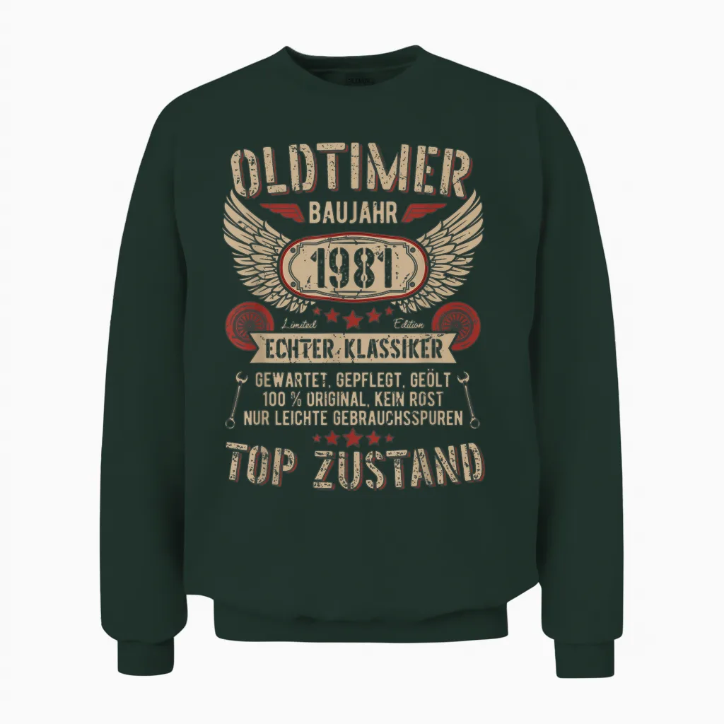 Oldtimer Baujahr 1981 Geboren Jahrgang Geburtstag Retro Unisex Sweatshirt in Forest
