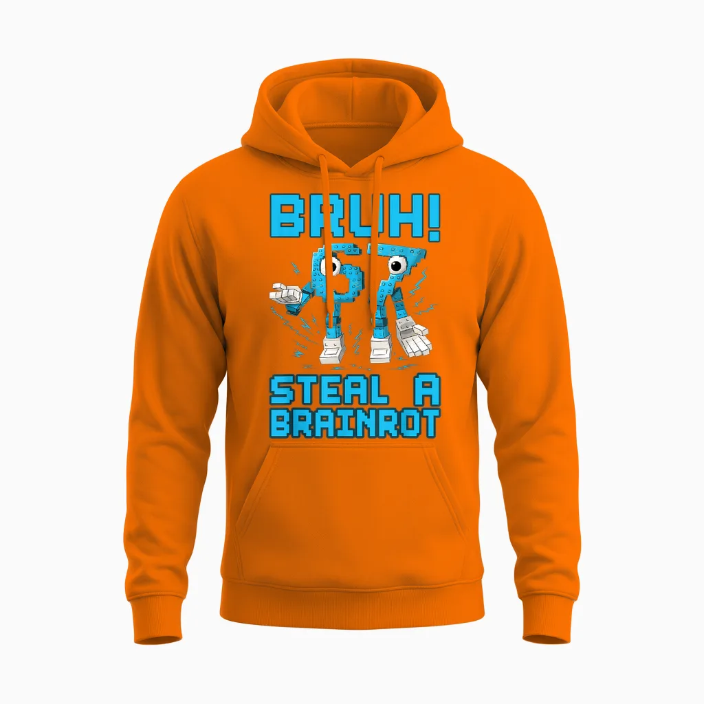 67 Bruh Steal a Brainrot Funny Meme 6 7 Boys Girl Unisex Hoodie in Safety Orange