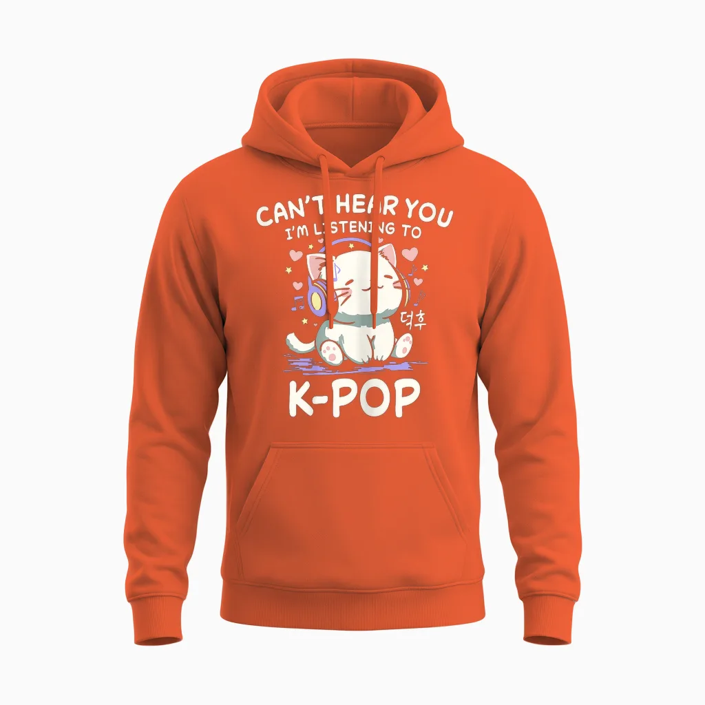 Korean Cat Can Not Hear You I Hear K-Pop Unisex Hoodie in Orange