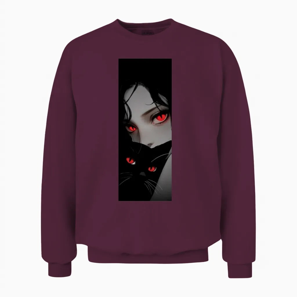 Crimson-Eyed Night with Black Cat Unisex Sweatshirt in Maroon