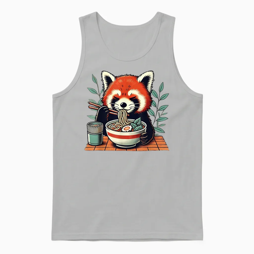 Red Panda Humor Red Panda Eating Noodles Ramen T-Shirt, Black, S Unisex Tank Top in Ash