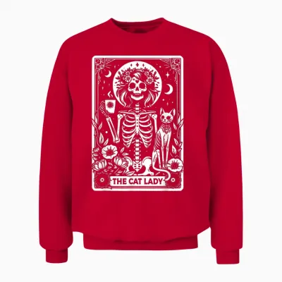 Tarot Card the Cat Lady Skeleton Cats Mum Tarot Cards T-Shirt, Black Unisex Sweatshirt - Red