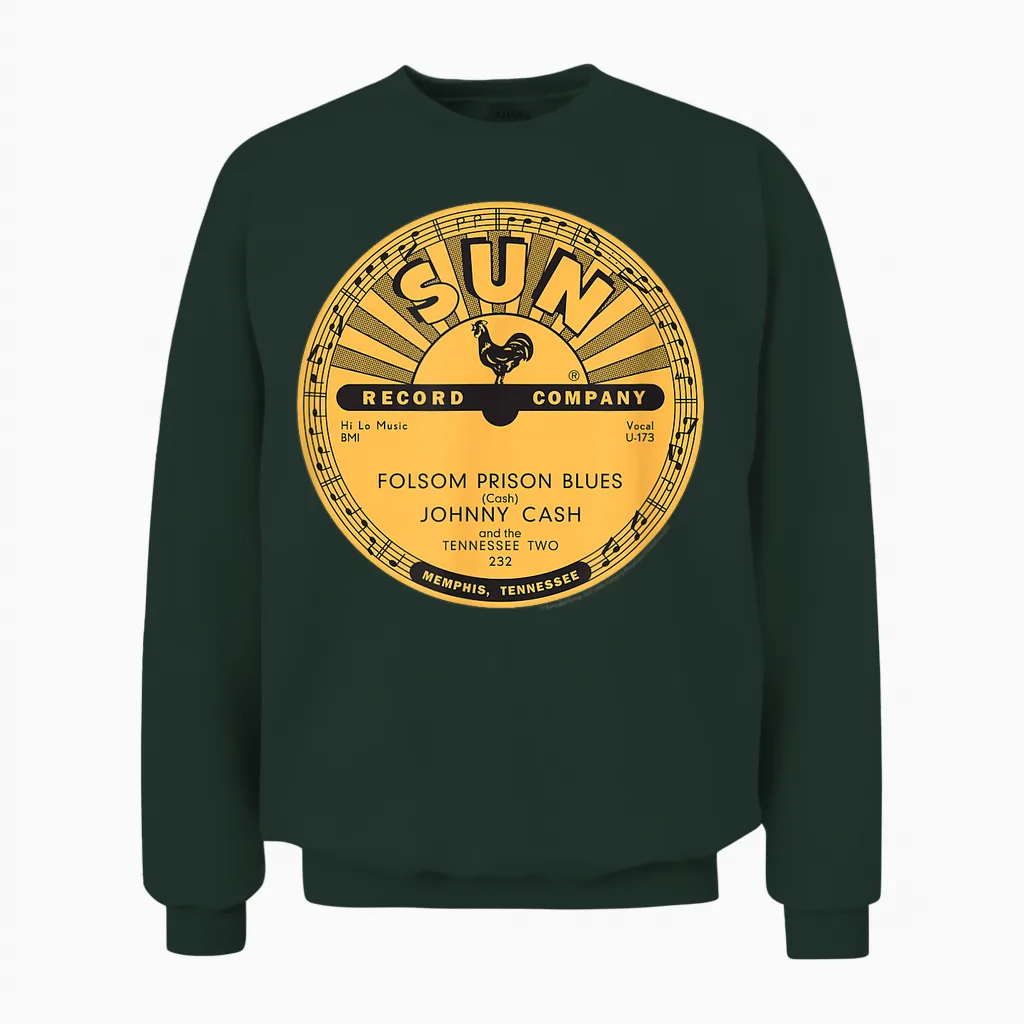 Sun Records Johnny Cash Folsom Prison Blues Vinyl T-Shirt, Black Unisex Sweatshirt in Forest