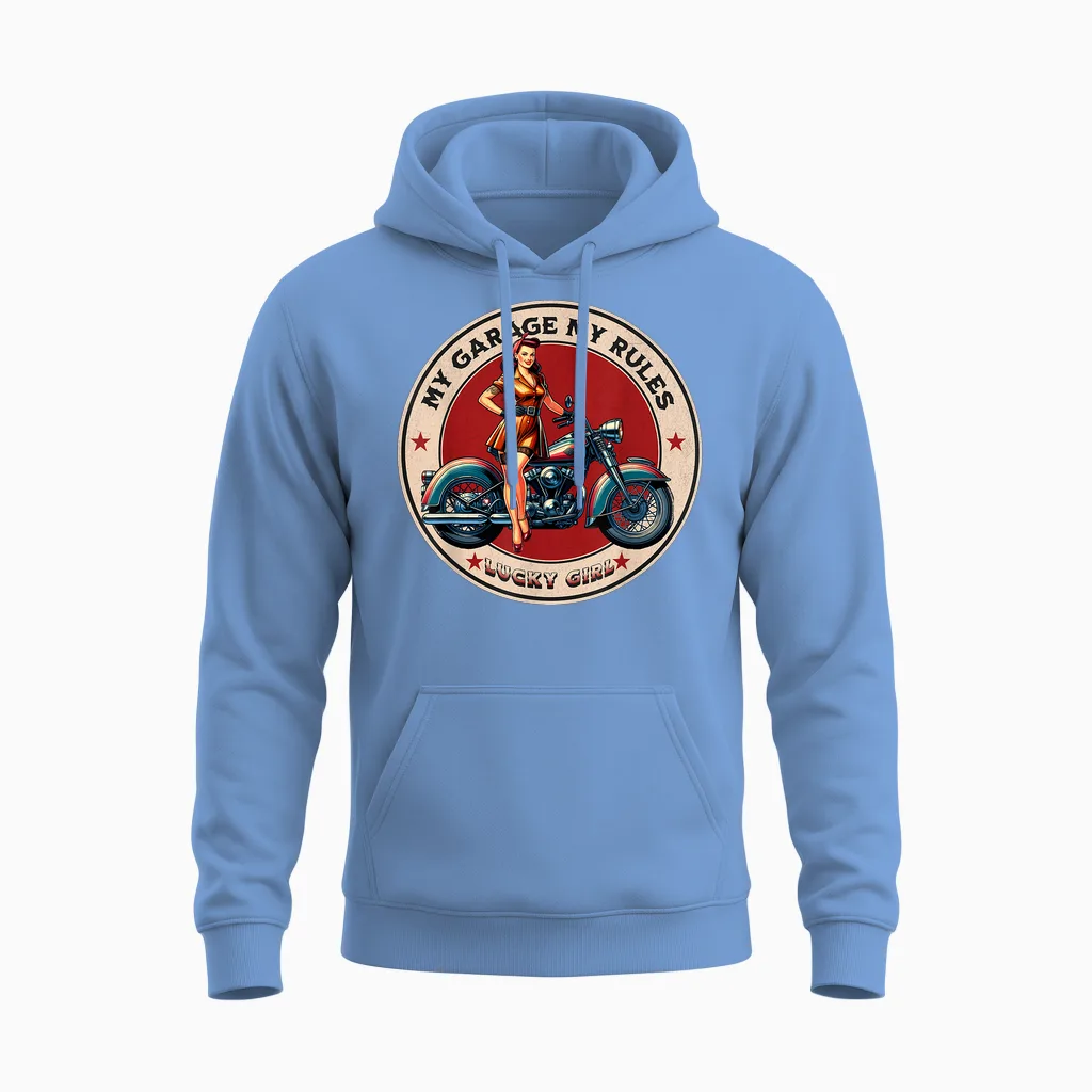Garage Pinup Girl Moto Pour Homme Et Femme Unisex Hoodie in Carolina Blue