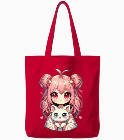 Anime Cute Cat Lovers Kawaii Manga Otaku Anime Girl Pink T-Shirt, Black, S Tote Bags - Red