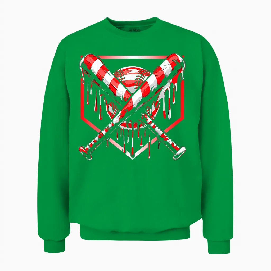 Baseball Candy Cane Christmas Baseball Ice Cream Drip Boys Unisex Sweatshirt in Irish Green