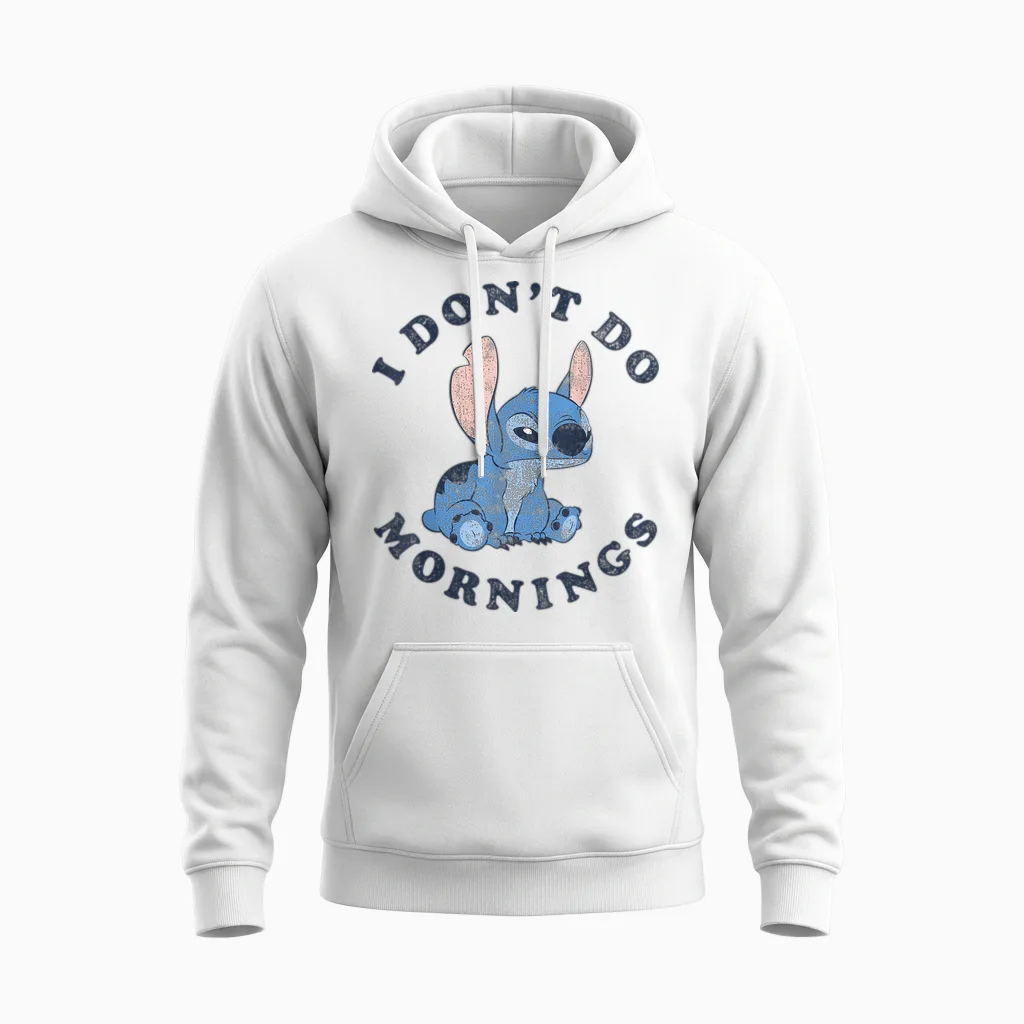 Disney Lilo & Stitch I Don't Do Mornings Distressed V2 Unisex Hoodie in White