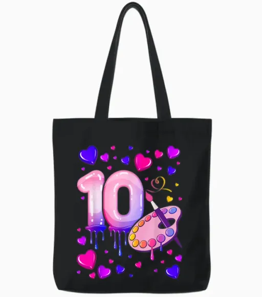 10th Birthday Girl 10 Years Painting Number 10 T-Shirt, Black Tote Bags - Black