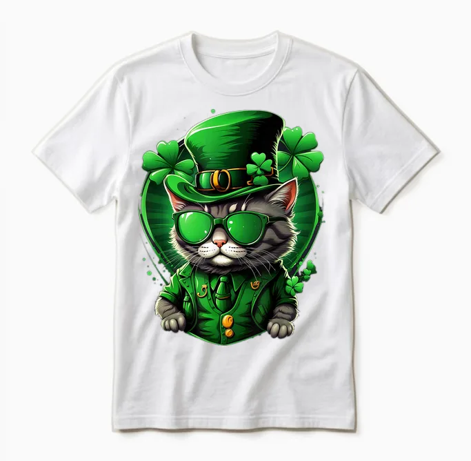 St Patricks Day Cat Men Women Boys Girls Clover Irish Cats Unisex T-Shirt in White