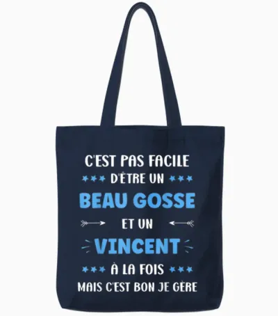 Beau Gosse Super Vincent Boy Funny Name Vincent T-Shirt, Black, S Tote Bags - Navy