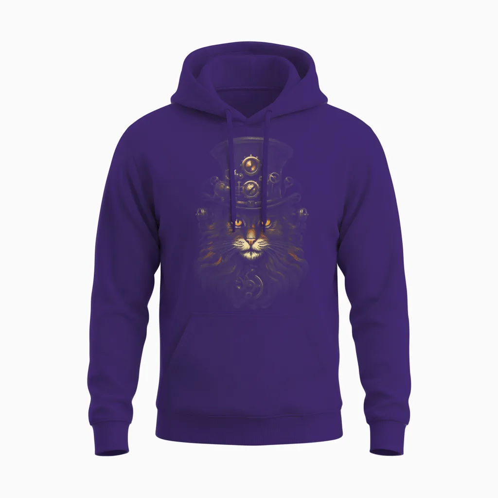 Steampunk Cat T-Shirt, Black Unisex Hoodie in Purple