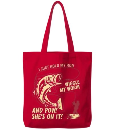 I Just Hold My Rod Wiggle My Worm and Pow Tote Bags - Red