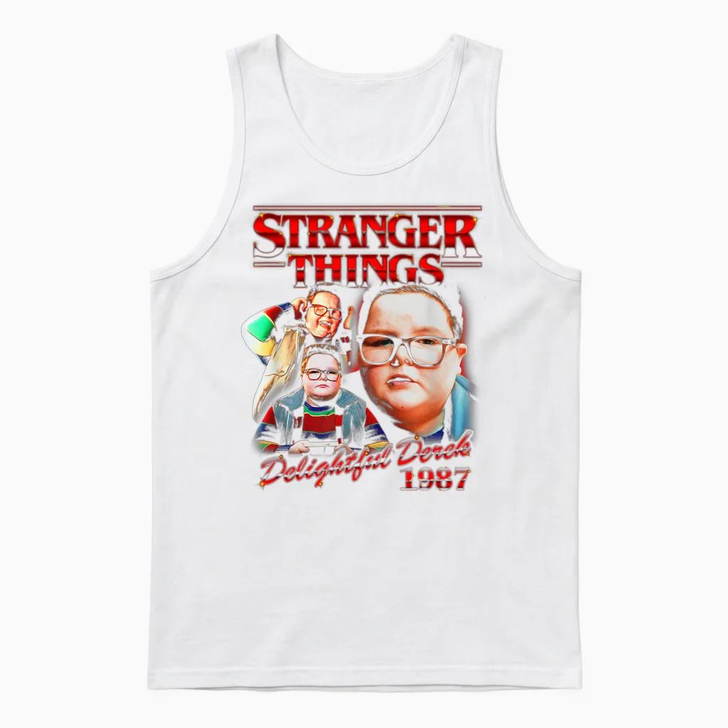 Stranger Things Delightful Derek 1987 Collage Montage Style Unisex Tank Top in White