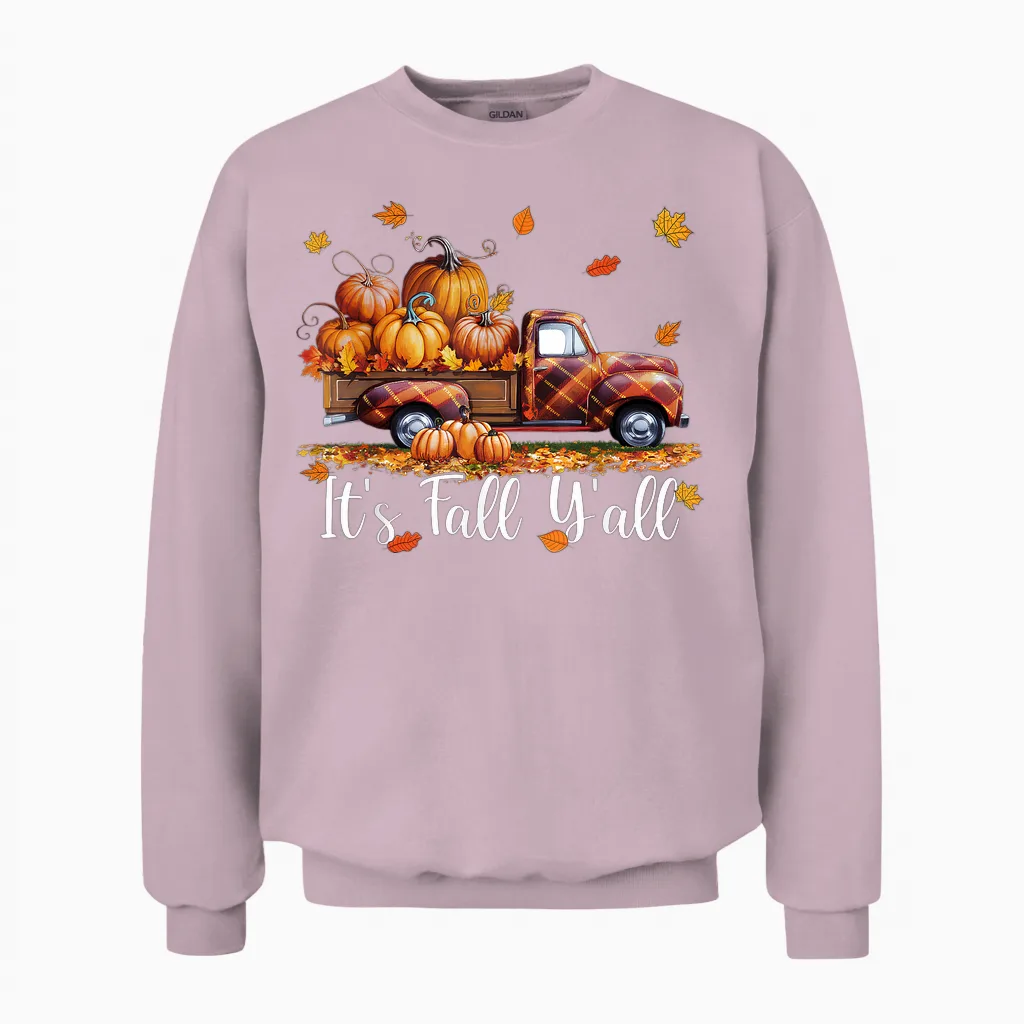 It's Fall Y'all Pumpkin Truck Autumn Tree Hello Fall Unisex Sweatshirt in Light Pink