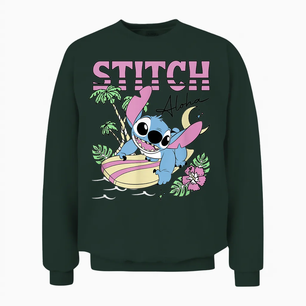 Disney Lilo & Stitch Aloha Hawaiian Surf Poster T-Shirt, Gray Unisex Sweatshirt in Forest
