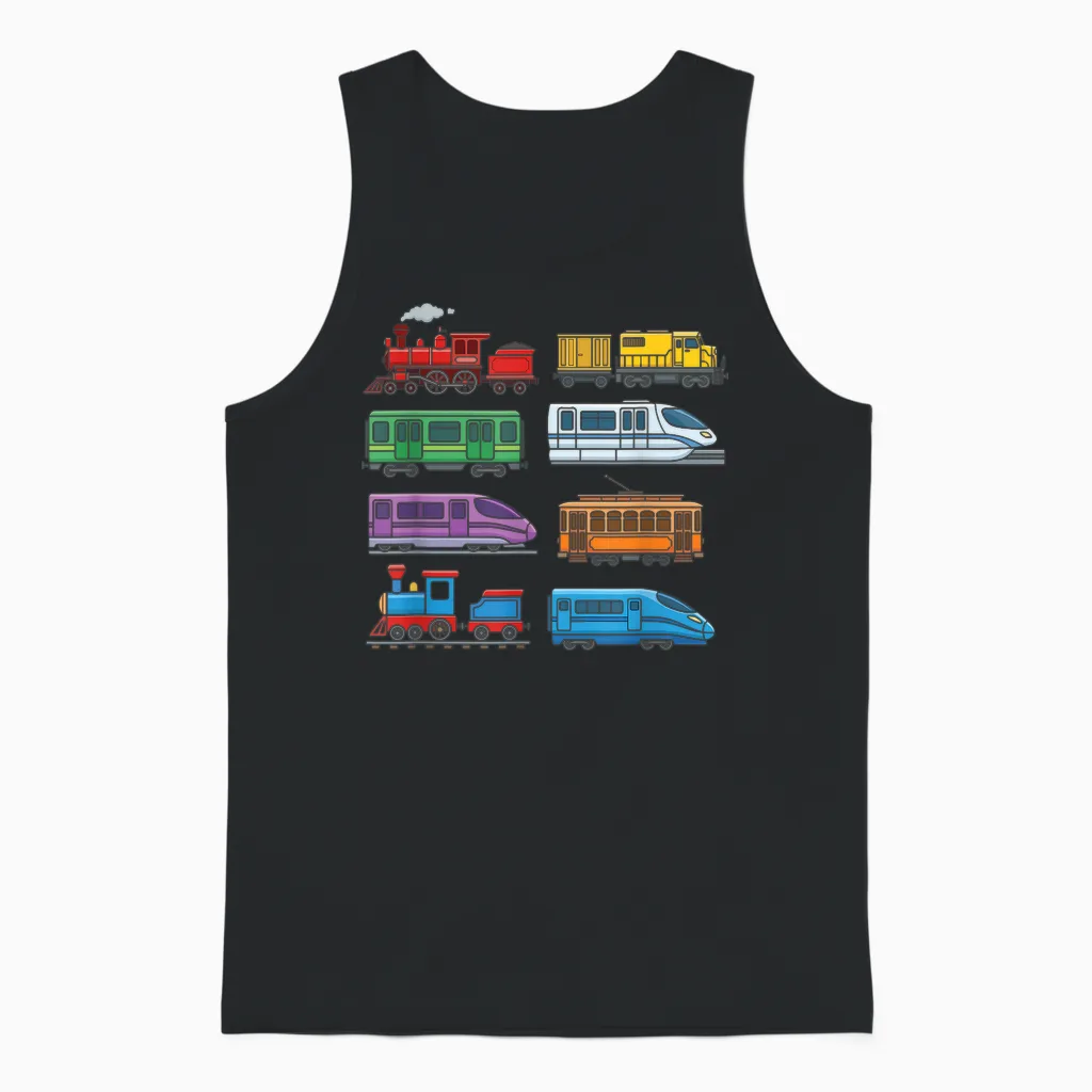 Colourful Railway Trains Locomotives Retro Modern Children's Unisex Tank Top in Black
