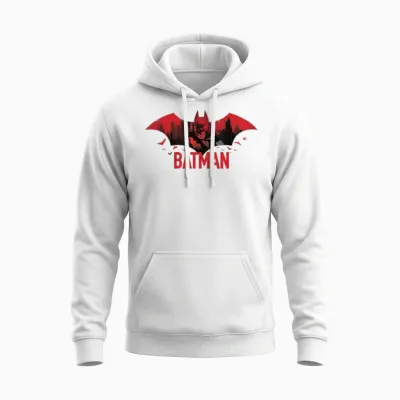 Batman with Bats and Red Batman Logo Unisex Hoodie - White