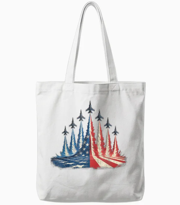 Fighter Jet American Flag 4th of July Tote Bags in White