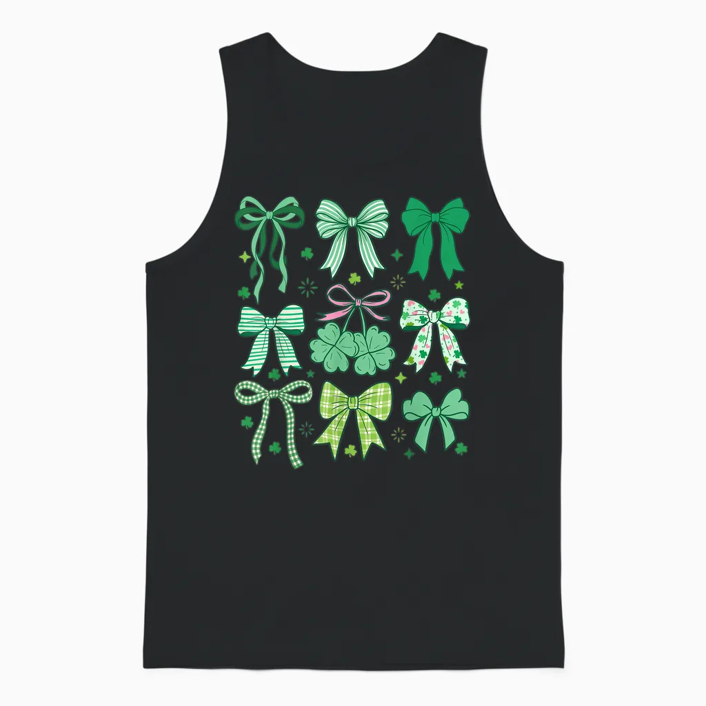 Cute Green Shamrock Bow Coquette St Patricks Day Unisex Tank Top in Black