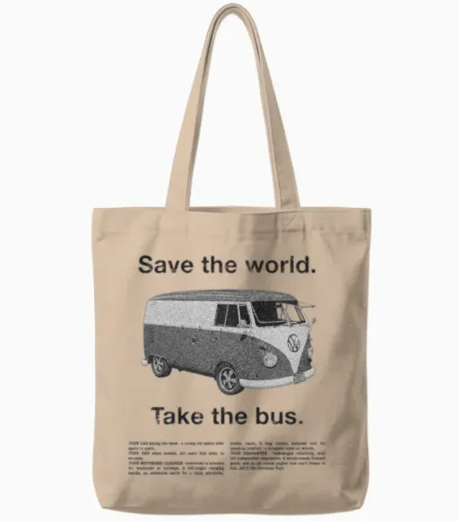Volkswagen T1 Camper Save the World Take the Bus Tote Bags in Natural