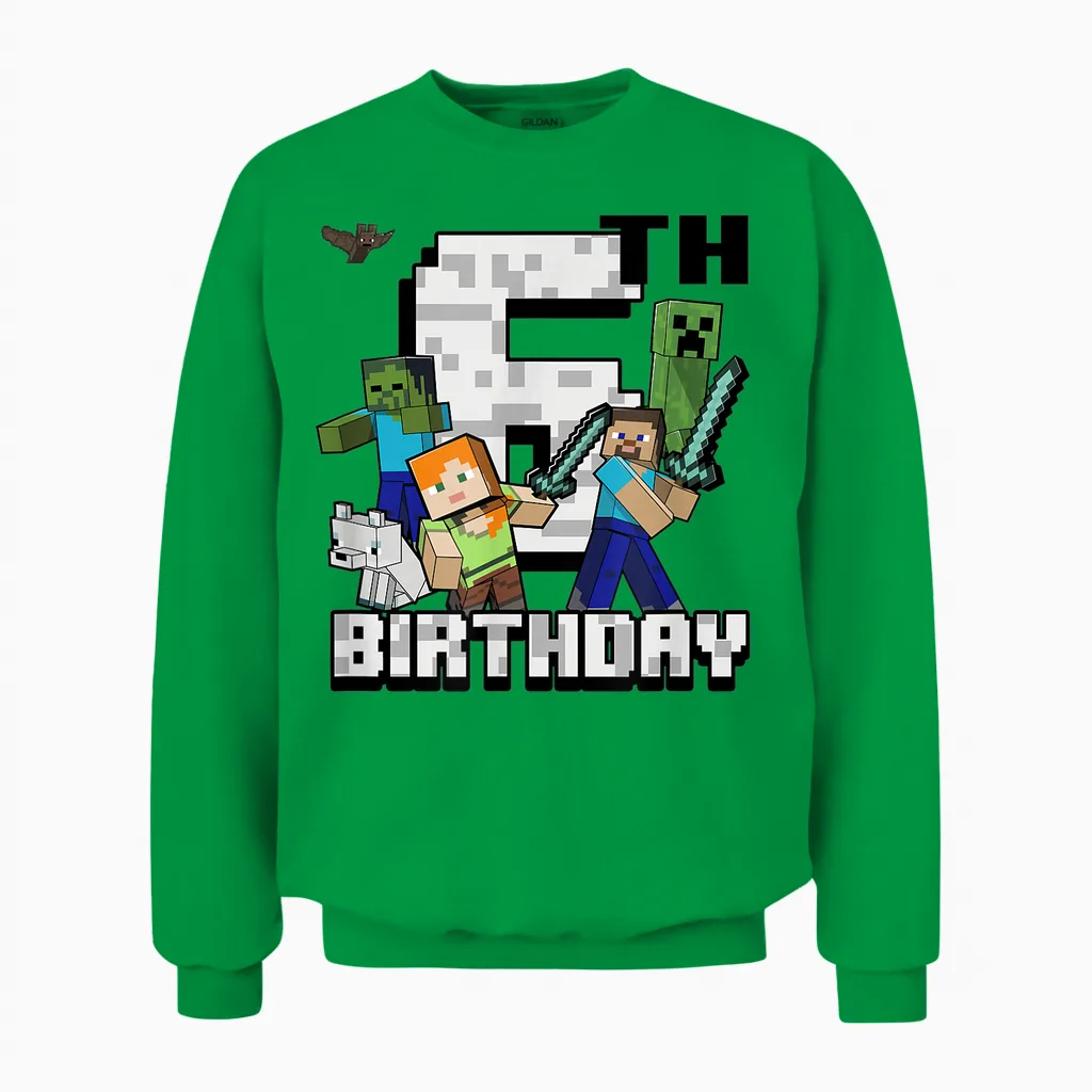 Minecraft Group Shot Happy 6th Birthday Unisex Sweatshirt in Irish Green