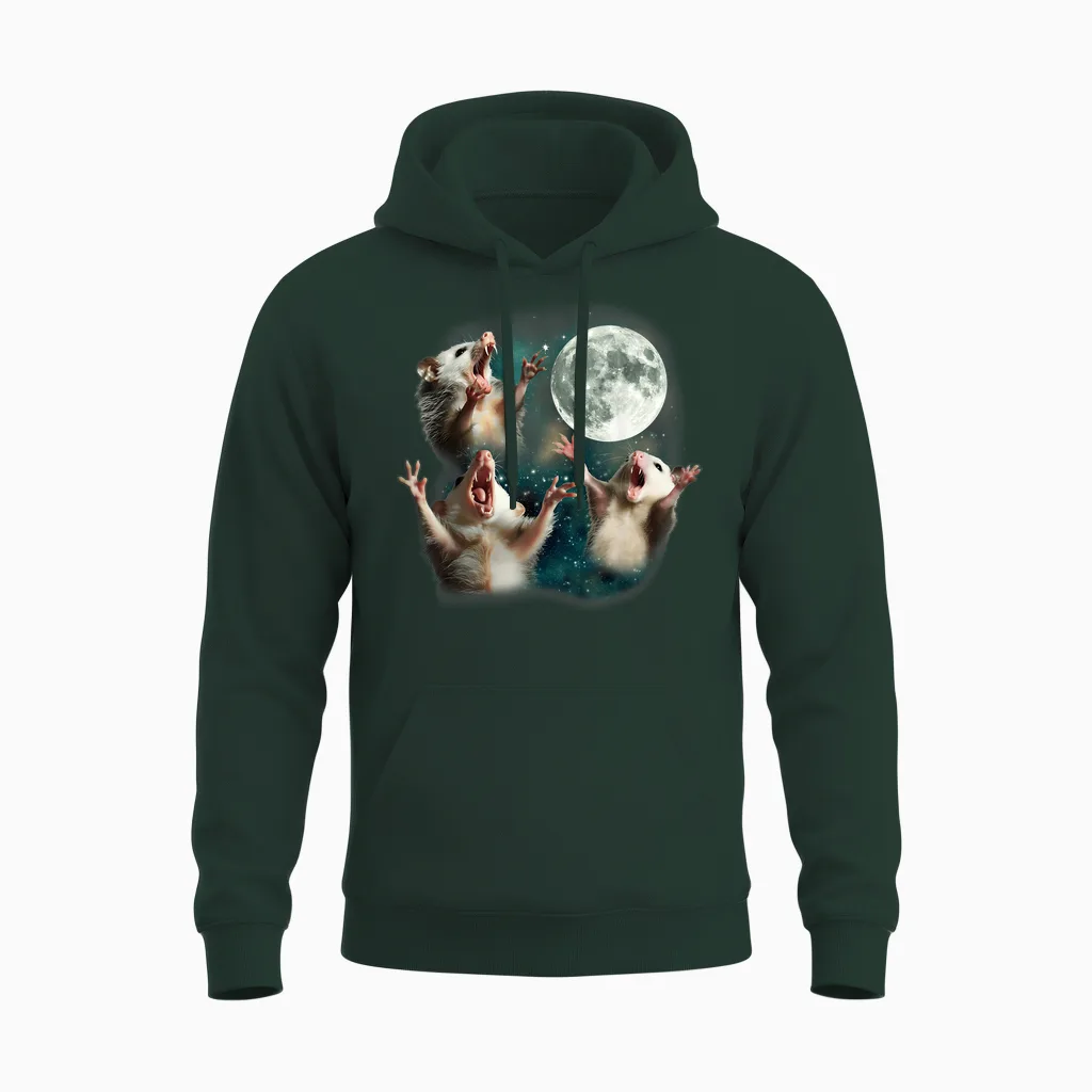 Three Possum Moon | 3 Opossum Funny Weird Cursed Meme Unisex Hoodie in Forest