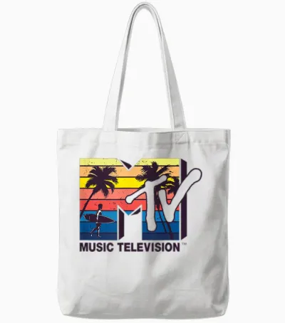Mademark X Mtv - the Official Mtv Logo with Vintage Surfer and Palms Tote Bags - White