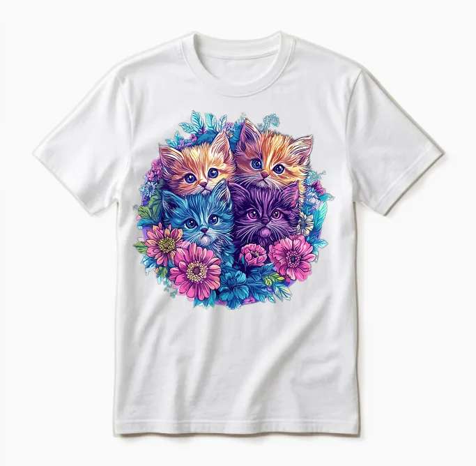 Chats Mignons Entourés De Fleurs Vibrantes Unisex T-Shirt in White