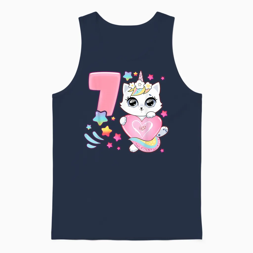 Geburtstag Mädchen 7 Jahre, Katze, Einhorn, 7. Geburtstag Unisex Tank Top in Navy