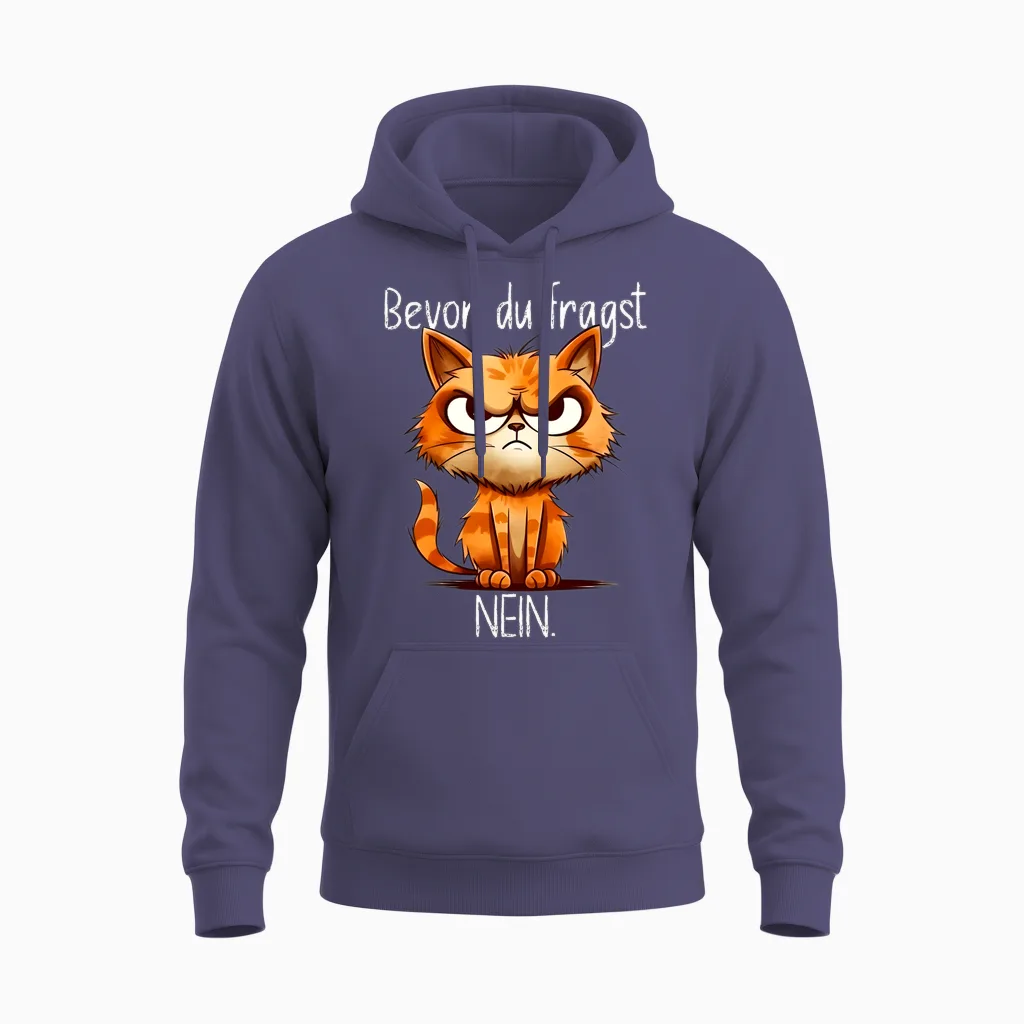 Funny Cat with Cheeky Saying "bevor Du Fragst No" Long-Sleeved Shirt, Black Unisex Hoodie in Heather Sport Dark Navy