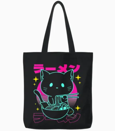 Anime Ramen Cat Retro Japanese Noodles Aesthetic Kawaii Cat Tote Bags - Black
