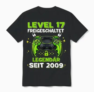 Level 17 Years Birthday Shirt Boy Gamer 2009 Birthday Unisex T-Shirt - Black