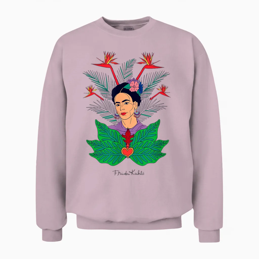 Frida Kahlo Flowers Portrait Graphic Art Feminism Papl248 Unisex Sweatshirt in Light Pink