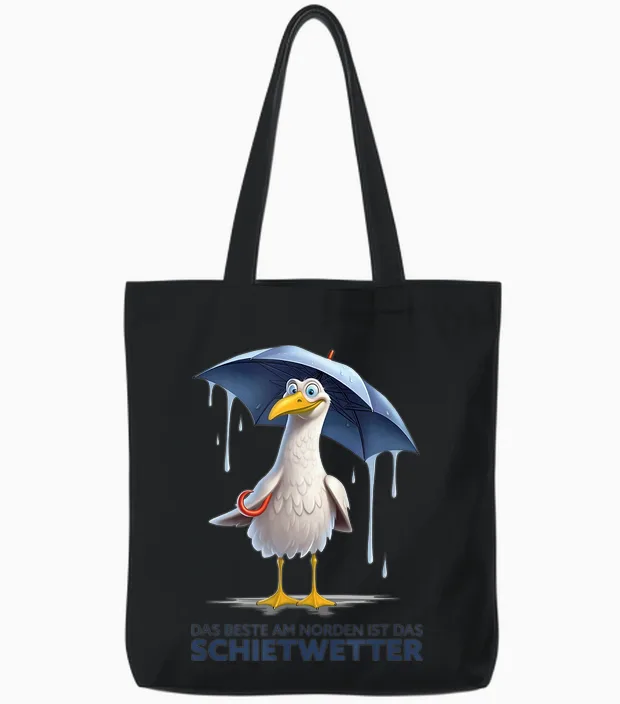 Schietwetter Saying - Seagull North Coast Beach Sea Funny Tote Bags in Black
