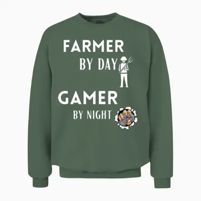Funny Farmer Farmer by Day Gamer by Night Funny Unisex Sweatshirt - Military Green