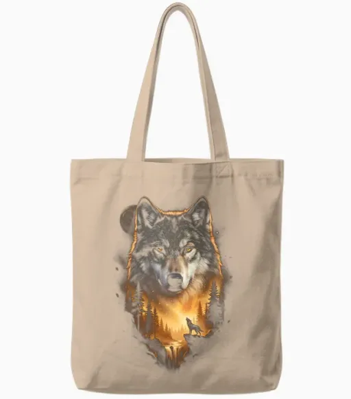 Motif De Loup Hurlant à La Lune Fantasy Art Forest Graphic Manche Longue Tote Bags in Natural