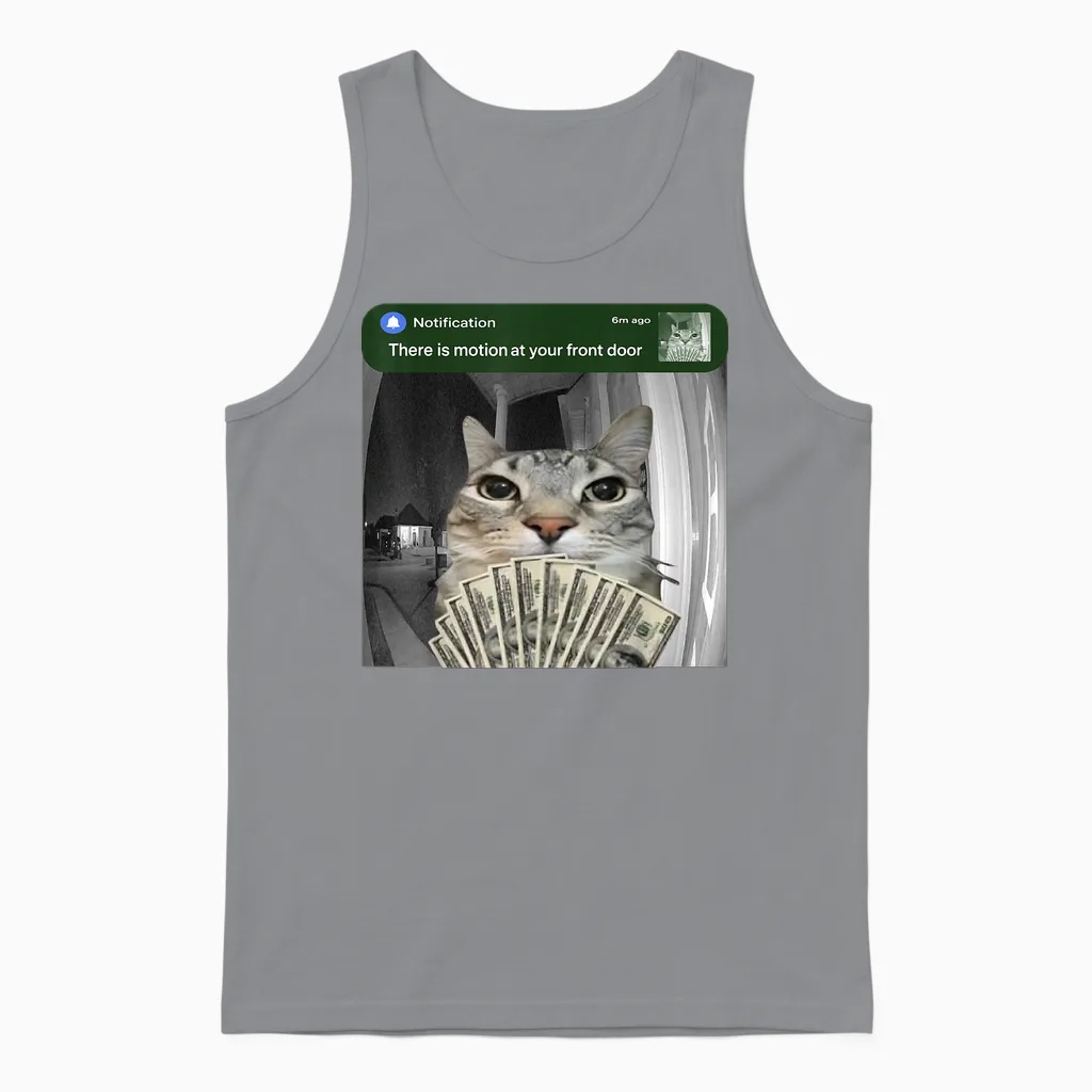 There Is Motion at Your Front Door Funny Cat Motion Meme Unisex Tank Top in Sport Grey