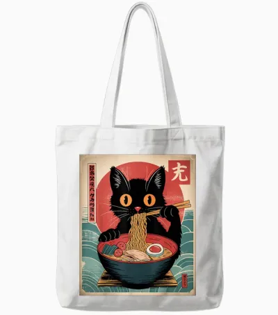 Noodles Eating Cats Eating Japanese Ramen Kawaii T-Shirt, Black, S Tote Bags - White