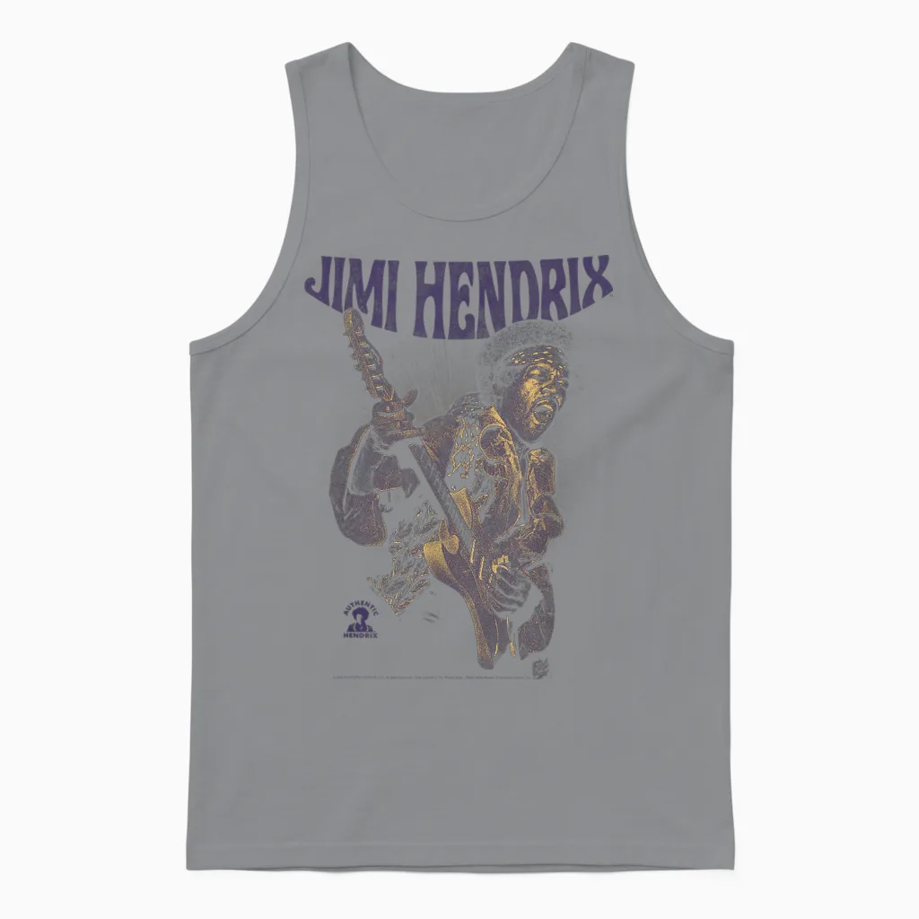 Ripple Junction X Jimi Hendrix Playing Guitar Purple Yellow T-Shirt, Black, S Unisex Tank Top in Sport Grey