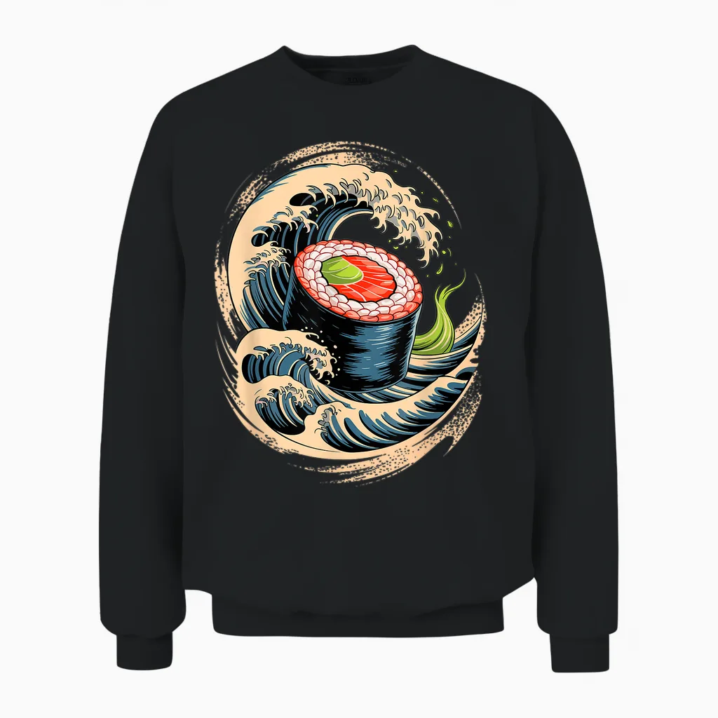 Japon Vagues Sushi Nourriture Japonaise Unisex Sweatshirt in Black