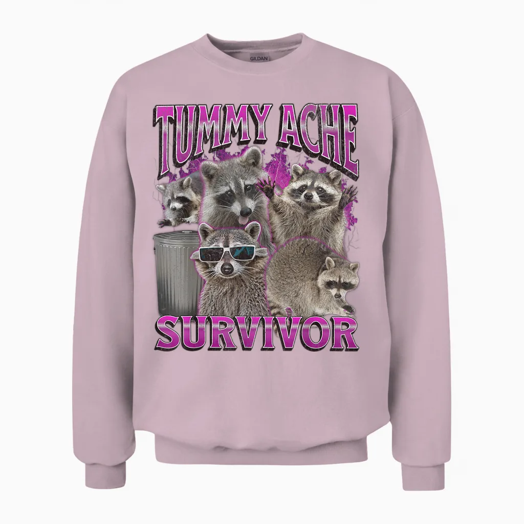 Tummy Ache Survivor Funny Raccoon Meme Bootleg Graphic 90s T-Shirt, Black Unisex Sweatshirt in Light Pink