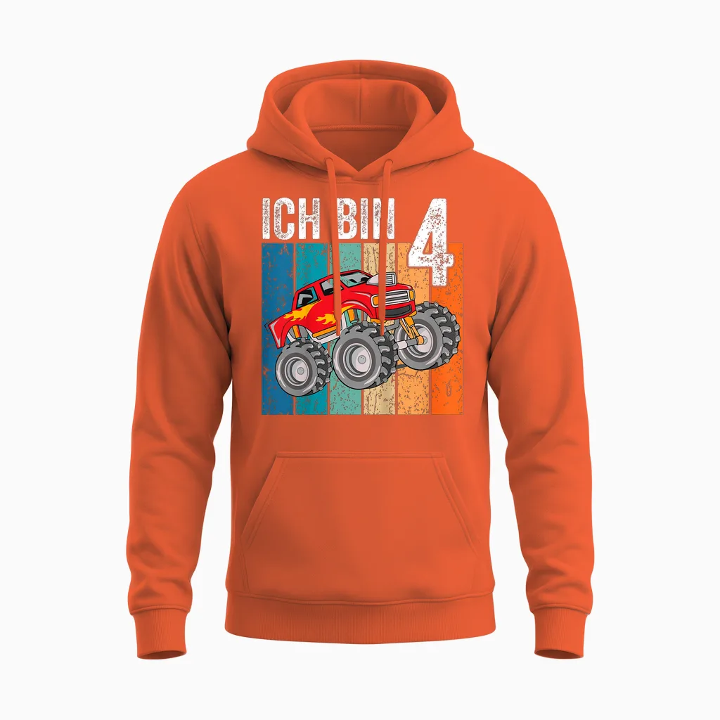 Kinder Monster Truck Geburtstag Deko Kinder 4 Jahre Junge Ich Bin 4 Unisex Hoodie in Orange
